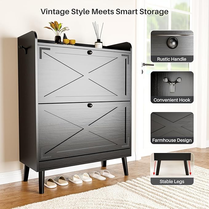 Shoe Storage Cabinet with 2 Flip Drawers, Freestanding Entryway Shoe Cabinet with 2 Side Hooks & Adjustable Shelves Slim Shoe Organizer Cabinet Narrow Shoe Rack for Entrance Hallway Front Door,Black