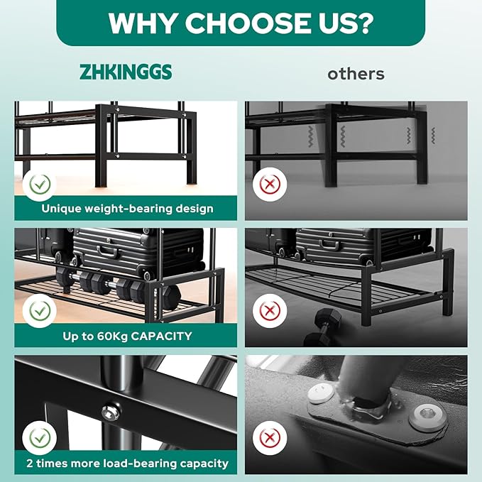 Clothes Rack, Double Rods Clothing Rack with 2 Bottom Shelves & 4 Side Shelves, Metal Garment Rack for Hanging Clothes, Heavy Duty Clothes Rack for Bedroom, Laundry, Living Room, Black
