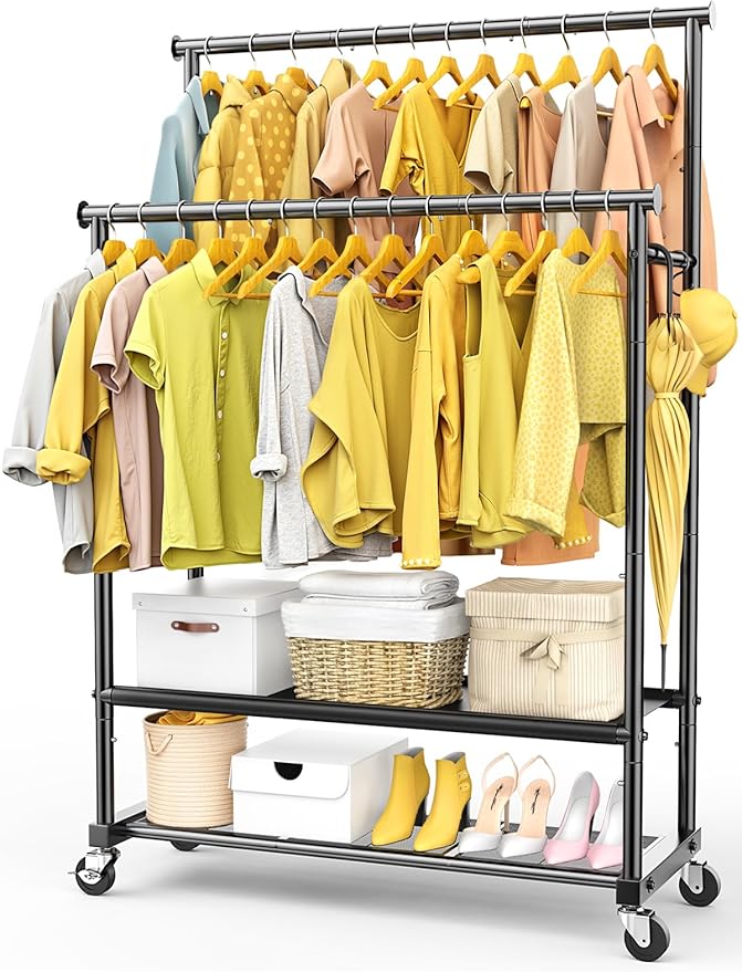 Clothes Rack with Double Rod for Hanging, Heavy Duty Clothing Rack Load 350 LBS with Lockable Wheel, Free Standing Garment Rack with 2 Shelves and Side Hooks for Home Commercial (Dark Grey)