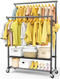 Clothes Rack with Double Rod for Hanging, Heavy Duty Clothing Rack Load 350 LBS with Lockable Wheel, Free Standing Garment Rack with 2 Shelves and Side Hooks for Home Commercial (Dark Grey)