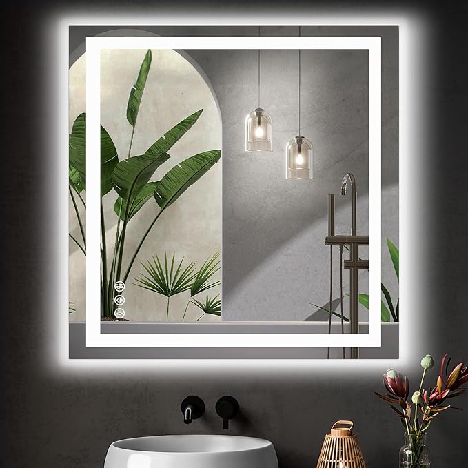 DUMOS 36.1"x36.1" LED Bathroom Mirror, Smart Anti-Fog Bathroom Vanity Mirror with Front Light & Backlit, 3 Color Temperatures, Dimmable, Memory Function