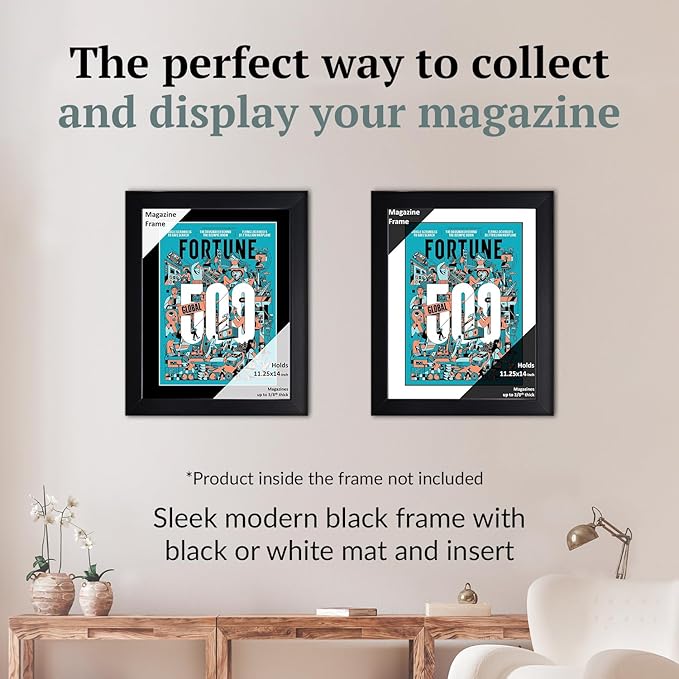 Creative Picture Frames 11.25 x 14 Magazine Frame with Full-Strength Glass, Holds Up To A 1/4" Thick Media with Installed Hangers for Easy Mounting, 12x15 Black Frame with Black Mat