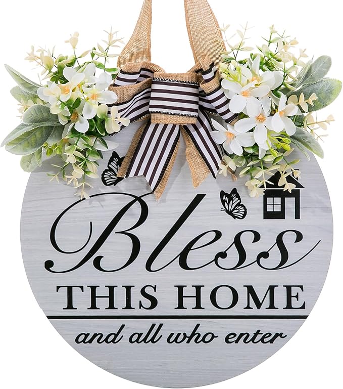 14'' Bless This Home and All Who Enter Wooden Door Sign - Welcome Porch Wall Sign with Bow-knot Wreath, Rustic Outdoor Decor for Front Door, Housewarming Gift for Front door/Entryway/Kitchen/Garden/Porch (All Seasons) (color-A)