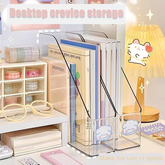 2 Pack Vertical File Holder Clear Acrylic Desk Organizer Storage Bins Holding Plastic Document Organizer Clear PET Magazine Holder Basics Vertical Magazine Rack for Home Office School