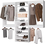 ROOMTEC Modular Closet System, 96" Wall Mounted Closet Organizer with Hanging Rods and Shoe Shelf, Wooden Tower for Walk-In Closets, Wardrobe Storage Kit, White