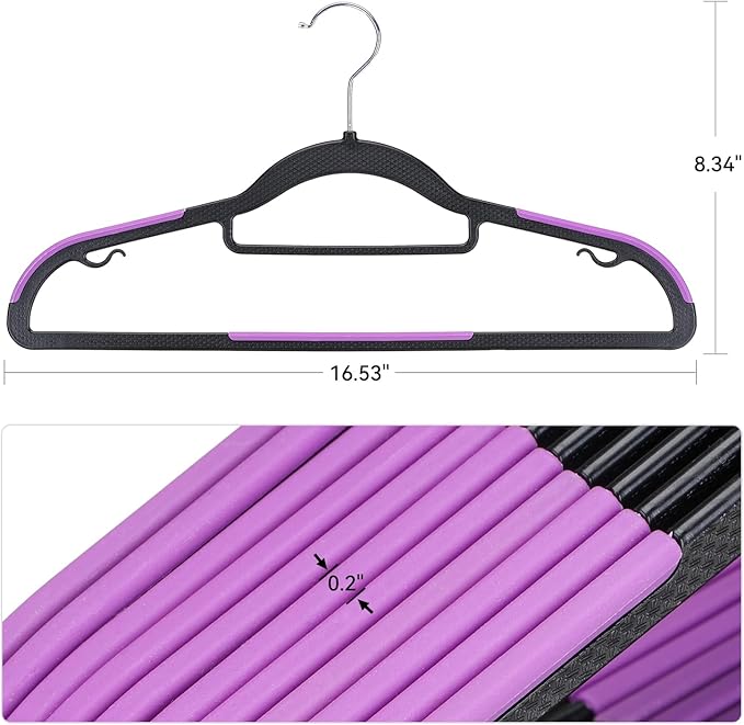 Pack of 50 Coat Hangers, Space-Saving Plastic Clothes Hangers, Non-Slip, 0.2 Inches Slim, 360° Swivel Silver Hook for Shirts, Pants, Suit & Wet/Dry Garments, Purple and Black