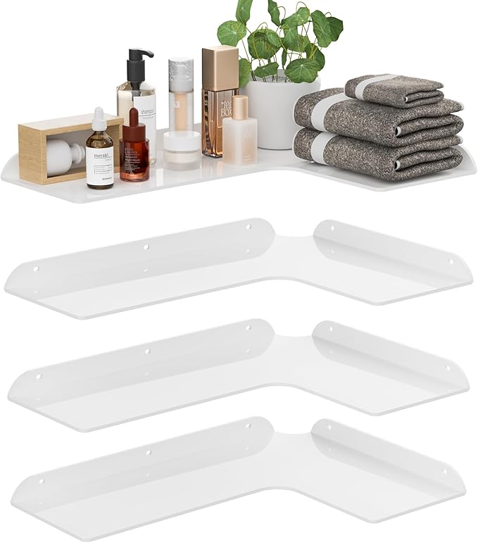 Sezanrpt 11.4x16 Inch Acrylic Corner Floating Shelf Set of 4, White Corner Wall Shelf for Home Décor, Speakers, Security Cameras, Toileries, Plants, Figures, Cosmetics, Books