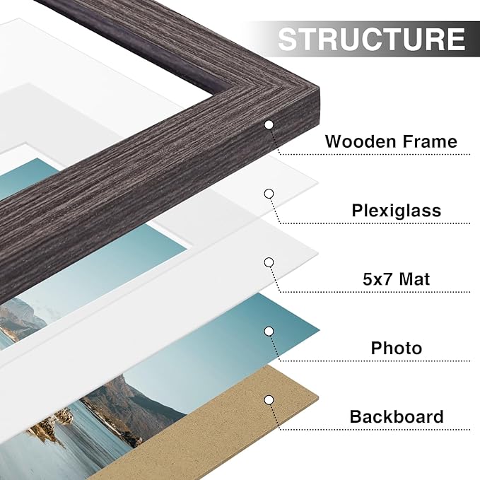 Vittanly 8x10 Picture Frames Set of 9, Shatter Resistant Plexiglass, Display 5x7 Pictures with Mat or 8x10 without Mat, Photo Frames for Wall or Tabletop, Engineered Wood, Dark Grey