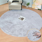 Washable Furry 5ft Round Area Rugs for Living Room Bedroom Light Grey Circle Faux Rabbit Shaggy Fur Rug Teen Room Décor