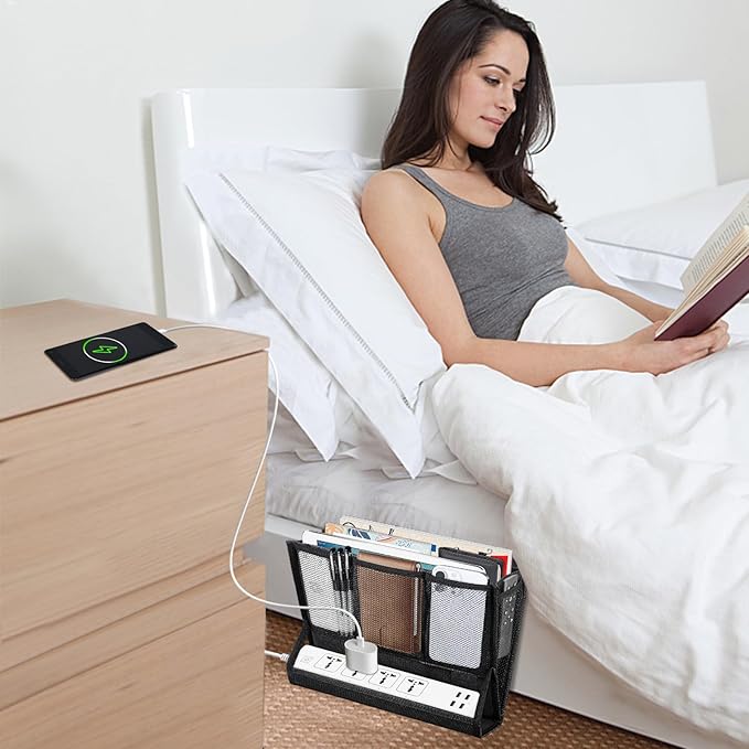 AKAYOK Bedside Caddy Hanging Bed Organizer Storage Bag Pocket with Power Strip Holder Multi-functional Organizer Caddy for Remotes Phone Glasses Magazines, Tablets, Accessories (7 pocket)