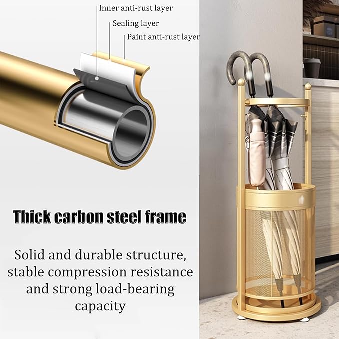 Commercial Metal Umbrella Stand Holder Indoor Large-Capacity Umbrella Stand Racks with Removable Drip Tray Entrance Umbrellas Organizer Freestanding Umbrella Basket for Home Office Entryway.(Gold)
