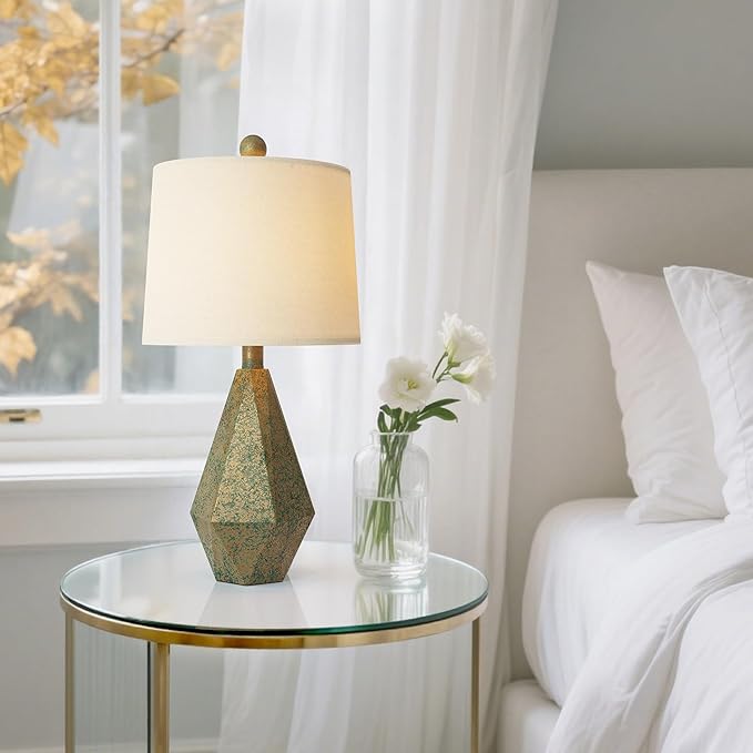 PoKat 20.25" Green Table Lamps Set of 2 for Night Stands, Vintage Bedside Lamps for Bedroom Living Room, Retro Bedroom Lamps for End Table, Suitable for Small Place, Green with Gold
