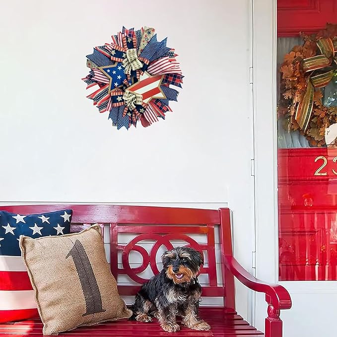 250th Anniversary Patriotic Wreath for Front Door, 20 Inch Red White Blue Wreath 4th of July Wreaths Memorial Day Decor Independence Day Decoration for Home Farmhouse Holiday (Star)