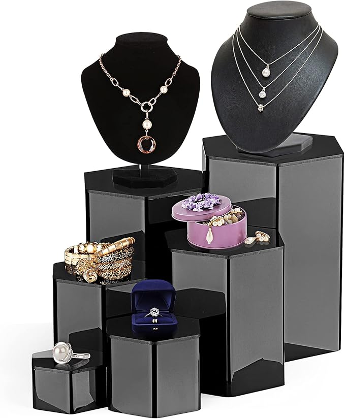 Jetec 6 Pcs Hexagonal Jewelry Display Risers Hexagonal Market Display Risers Stands Acrylic Showcase Acrylic Stand for Jewelry Model Figures Decoration, 6 Sizes (Black)
