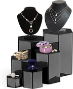 Jetec 6 Pcs Hexagonal Jewelry Display Risers Hexagonal Market Display Risers Stands Acrylic Showcase Acrylic Stand for Jewelry Model Figures Decoration, 6 Sizes (Black)