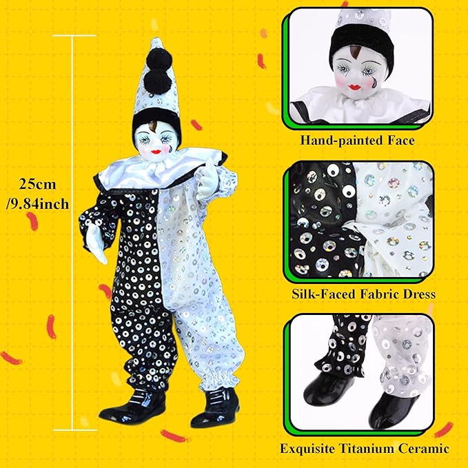 Maxyoung 9 Inch Porcelain Clown Doll Vintage Dolls Figurine, Collectible Figure, Hand Painted Toy, Christmas Halloween Birthday Gift, Movable Joints