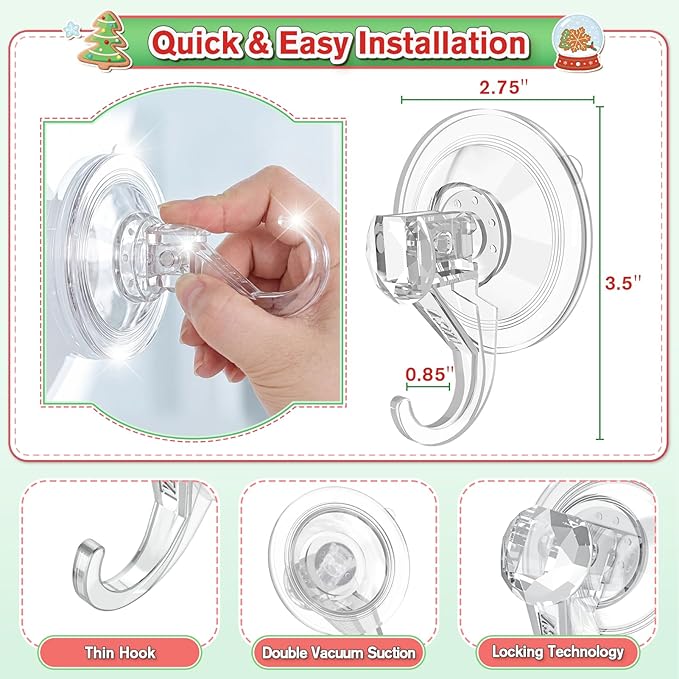 VIS'V Wreath Hanger, Large Suction Cup Wreath Hooks, Heavy Duty, 22 LB Capacity, Removable and Reusable, Clear, 8 Pcs