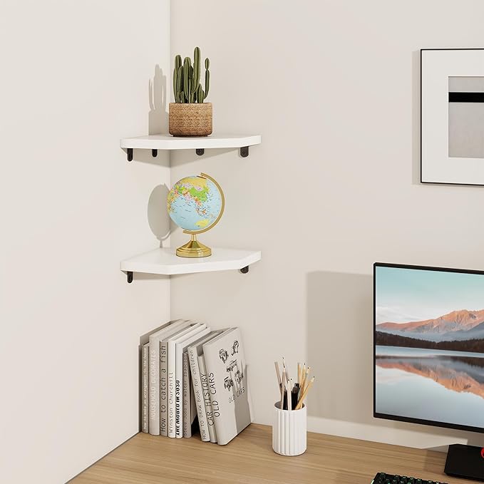 Fun Memories Corner Shelf Wall Mount Set of 2 - Solid Oak Wood Floating Corner Shelf with Cable Hole, 7in Rustic Design for Bedroom, Living Room, Kitchen (White)