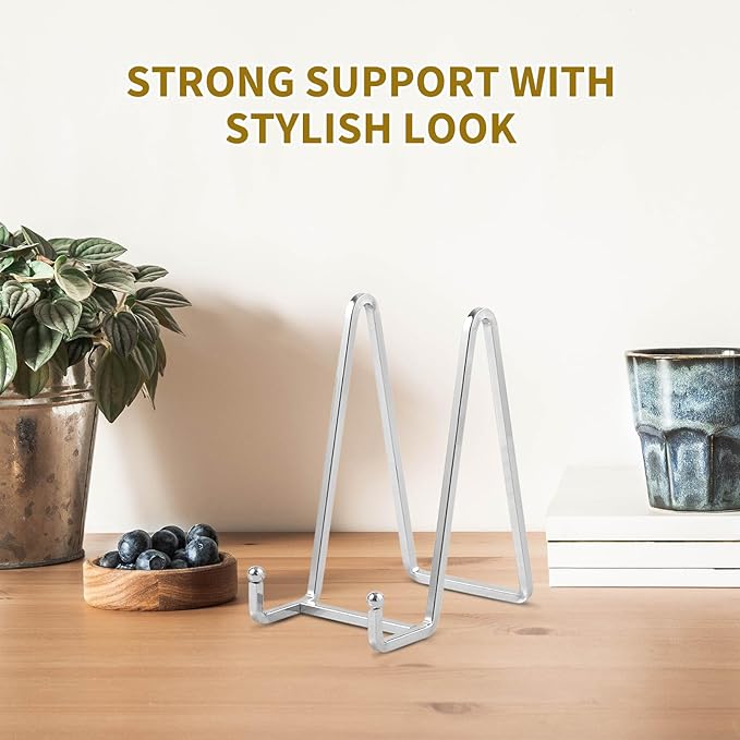 Plate Holder Easel Display Stand - 6 inch Metal Plate Stands for Display - Tabletop Picture Stand - Silver Iron Easels for Display Pictures | Photo Frames | Book | Decorative Plates | Plaque - 4 Pack
