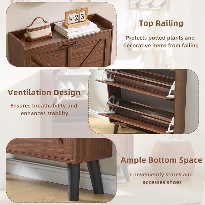LEYAOYAO Shoe Storage Cabinet with 2 Flip Drawers，Narrow Shoe Storage Cabinet Organizer with Legs for Entryway Hallway, Living Room, Bedroom，Hidden Slim Storage Narrow Shoe Rack Cabinet,Walnut