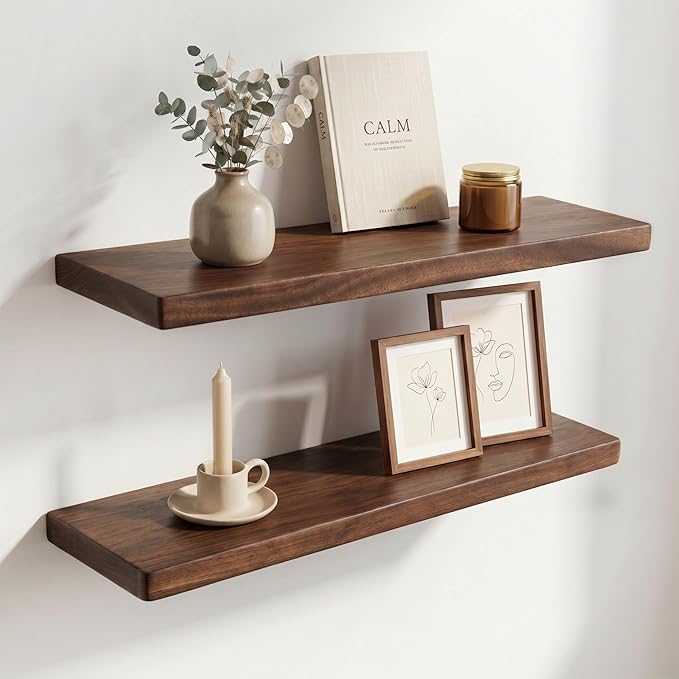 30 Inch Floating Shelves, Solid Wood Wall Shelves, 8 Inch Deep Floating Shelf – for Bathroom, Bedroom, Living Room, Kitchen, Home Decor & Storage, Heavy-Duty Wooden Shelf Wall-Mounted, Set of 2