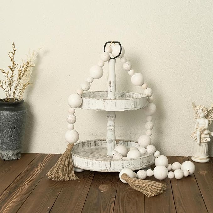 2" Extra Large Wood Bead Garland with Tassels, 75" Long Rustic Farmhouse Wooden Beads Garland, Decorative Beads Boho Decorations for Home Table Mantle White