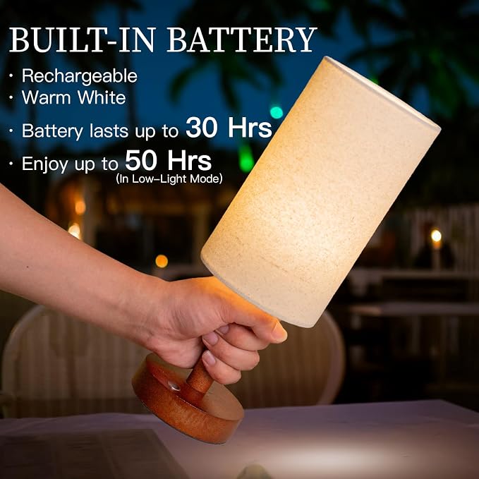 LALISU Small Table Lamp Nightstand Lamp Linen Lampshade Bedroom Wood Base Small Bedside Lamp for Night Stands, Desk Lamps for Reading Living Room, Office (LED Bulb Included) (Walnut Wood Cordless(2))