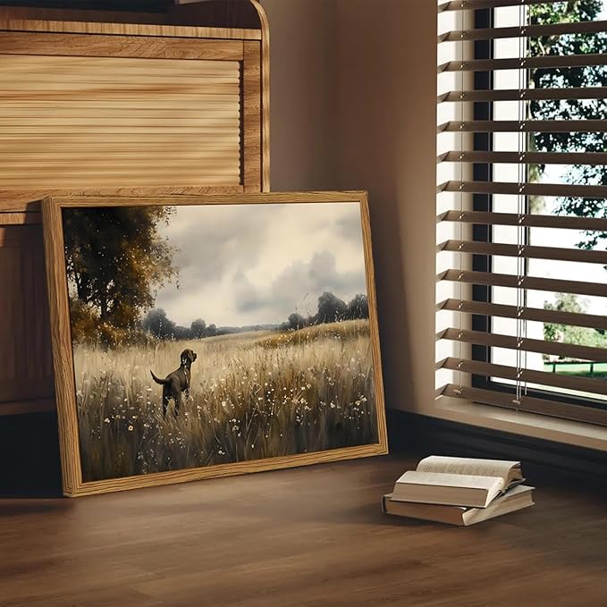 Framed Vintage Hunting Black Dog Wall Art, Rustic Country Landscape Pictures Wall Decor, Farmhouse Animal Paintings Canvas Prints for Home Living Room Bedroom 16x24 inch