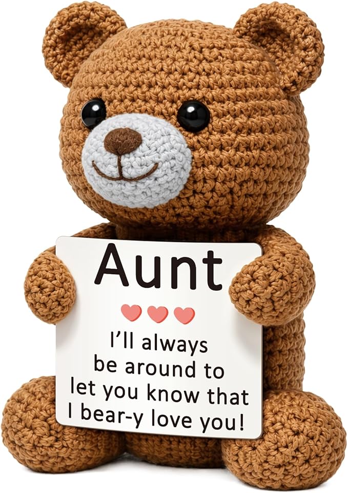 WELLBANEE Cute Aunt Gift from Niece Nephew, Handmade Crochet Bear, Best Appreciation Gifts, Funny Birthday for Auntie, Sentimental Appreciation Gift for the Best Aunt Ever, Shelf Décor Bear