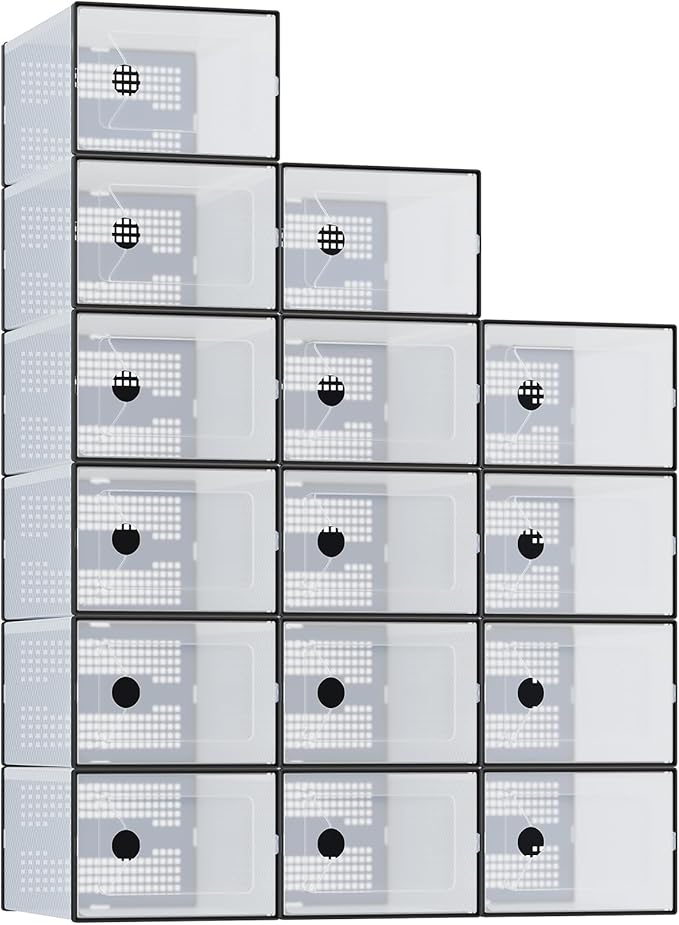 NEWBULIG 30 Clear Shoe Storage Boxes, Shoe Organizer for Closet with Lid, Plastic Stackable Breathable Shoe Cabinet with Lid for Sneakers, Heels & Boots, Black