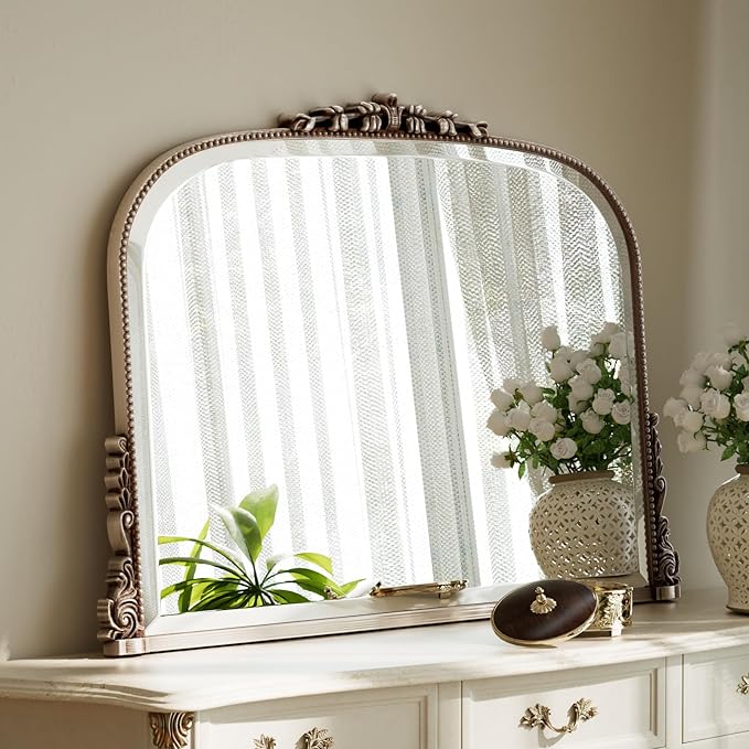 Wall Beaded Mirror, 36 x 27 Inch Round Top Right Angle Wall Mirror, Tempered Glass, Rust Resistant, Horizontally or Vertically Hanging, Silver