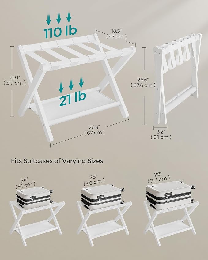 SONGMICS Luggage Rack, Folding Suitcase Stand with Storage Shelf, for Guest Room, Hotel, Bedroom, Heavy-Duty, Holds up to 131 lb, Classic White URLR007W01