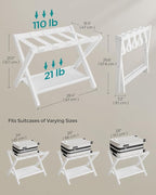 SONGMICS Luggage Rack, Folding Suitcase Stand with Storage Shelf, for Guest Room, Hotel, Bedroom, Heavy-Duty, Holds up to 131 lb, Classic White URLR007W01