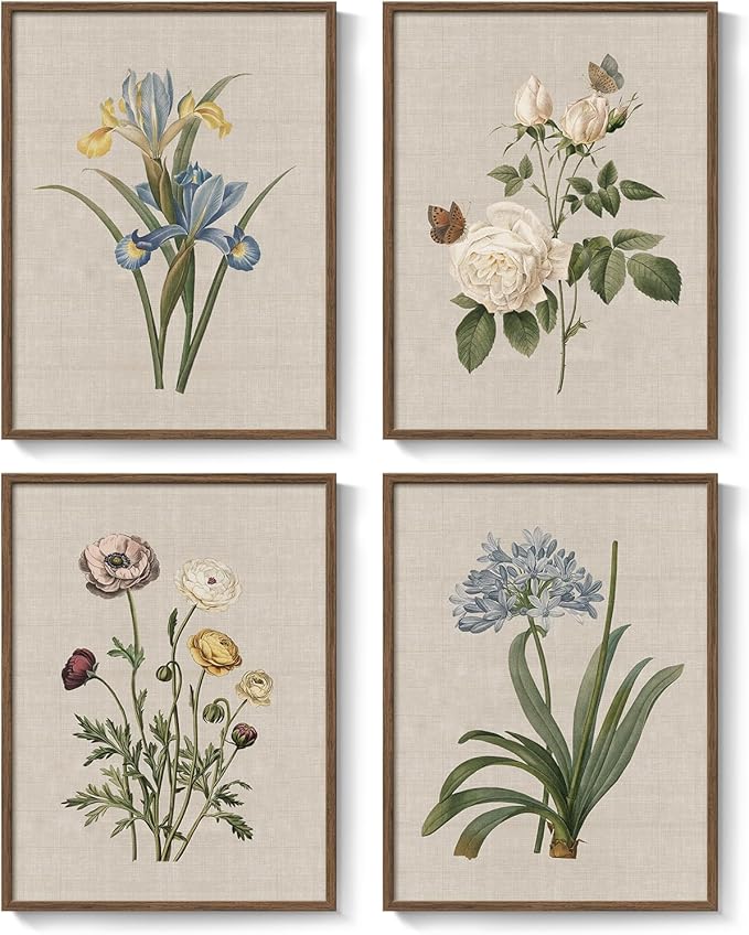 Framed Vintage Botanical Wall Art, 4 Piece Rustic Floral Painting Canvas Prints for Living Room Bedroom Dining Room Kitchen Hallway, Flower Butterfly Pictures for Farmhouse Wall Decor, 12x16 Inch