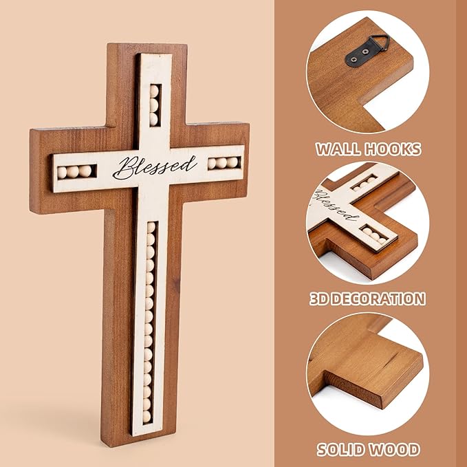 OKSQW Wall Wooden Cross Christians Cross Spiritual Religious Gifts With Hook on Hanging Wall Or Table With Blessed and Wood Bead for Church Home Room Decoration for Christmas