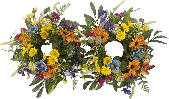 Spring Summer Candle Rings,Floral Candle Rings Wreaths 6 Inch,Daisy and Sunflowers,Mixed Flowers with 2pcs Plastic Candles,Perfect for Spring Decor,Centerpieces for Tables,Indoor Outdoor Home Decor