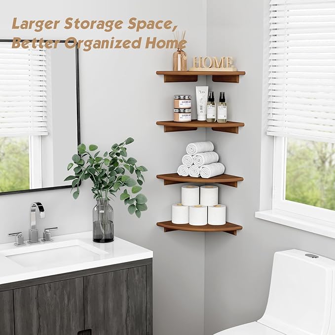Forbena Corner Bookshelf Wall Mounted Set of 4, Wooden Floating Book Shelves for Nursery, Large Wall Shelving Unit for Living Room Bedroom Bathroom Kitchen Office Classroom Corner (Walnut Color)