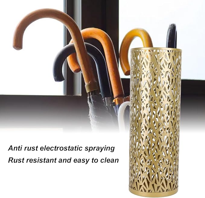 Jectse Umbrella Stand, Freestanding Round Metal Umbrella Holder Bin Hollowed Rain Collection Umbrella Organizer Bin for Home Office Entryway (Gold), Jectse021nsfg9dv-13