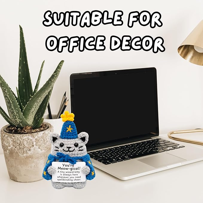 Handcrafted Crochet Witch Doll, Small 2.5x1.5x4 Inch Decorative Plush Figure, Yarn Material, Magical Theme, Inspirational Signs, for Ages 13+ (Cat Wizard)
