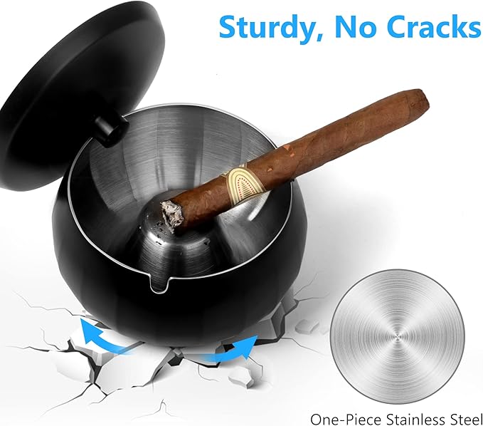 Ashtray for Cigarette JSVER Stainless Steel Ashtray, Smokeless Odorless Ash Tray with Lids, Tabletop Ashtrays For Home Office Outdoor Balcony (Black)