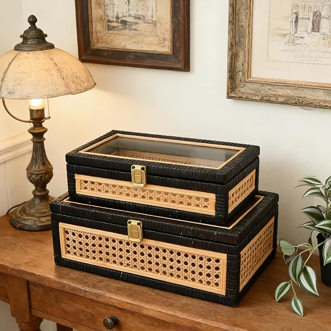 Black Rattan Decorative Storage Boxes with Glass Lids – Set of 2 Ribbed Wood Display Cases with Cane Weave & Solid Base – Nesting Coffee Table Organizer for Boho Chic Home Decor, Keepsakes