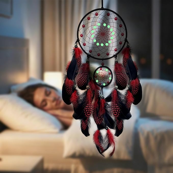 Red and Black Dream Catcher Wall Decor Feather Dream Catchers with Luminous Bead Handmade Dreamcatcher Wall Hanging Ornament for Bedroom Living Room Home Decor