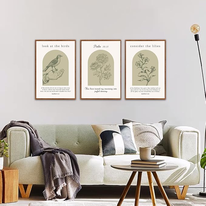 KAlRNE Sage Green Christian Wall Art Set of 3(16”X24”),Vintage Bible Verse Wall Decor,Modern Religious Birds Framed Canvas Paintings,Scripture Lilies Art Prints For Living Room Bedroom Office Church