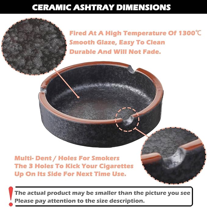 Ceramic Ashtray Stylish Indoor & Outdoor Cigarette Ashtray for Home, Coffee Bars, and Patios，Lava Dazzling Black (Medium Size)(2PCS)
