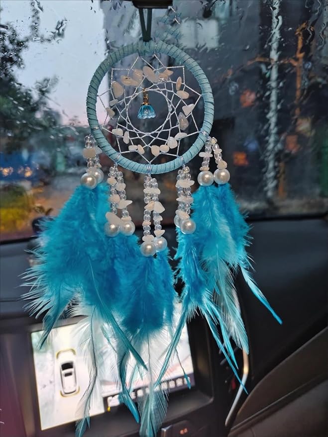 Dream Catcher Car Rear View Mirror Pendant,Car Charm Crystal Small Dream Catchers for Rearview Mirror Hanging,Dreamcatcher car Charm Ornament Gift(Blue)