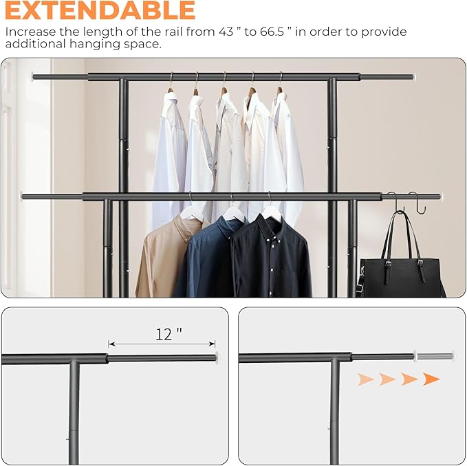 Fishat Stand Portable Black Double Rods Garment Rack with Rolling Clothes Organizer on Lockable Wheels Mobile, 48" W x 15" D x 67" H, Metal Simple Hanging Clothes with 2 Hook