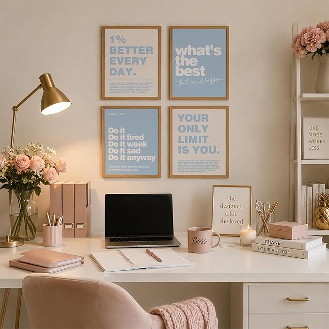 DSHFG Motivational Inspirational Office Wall Art Decor Prints Set of 4, Black Motivational Wall Decor Trendy Retro Posters for Office Home Decor, 8x10 Unframed (Blue)