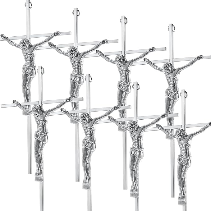 Leinuosen 8 Pcs Metal Crucifix Wall Cross 10 Inch Catholic Slender Metal Crosses Wall Decor for Home Decor Hanging Jesus(Silver)
