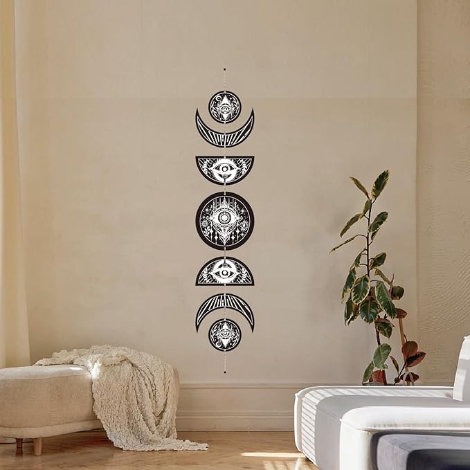 CREATCABIN 7Pcs Devil's Eye Moon Cycle Home Decor Bohemian Moon Phase Wall Hanging Ornament Wooden Moon Wall Vertical Decorative Hang for Bedroom Family Farmhouse Gallery Apartment Bar 37.1x6.3in