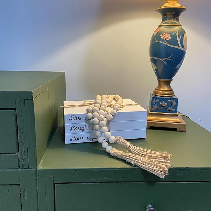 Decorative Books for Home Decor, White Faux Books for Decoration, Rustic Farmhouse Stacked Display Books with 52in Wood Bead Garland for Coffee Tables Living Room, (Live Laugh Love)